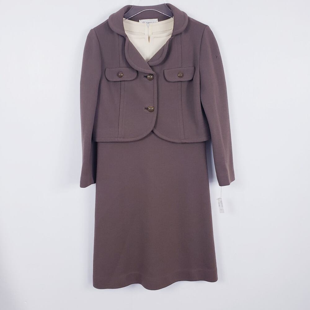 Vtg 1960s Deadstock Kimberly Wool 2-Piece Dress Suit Cream Brown Vintage Size 10 - Picture 2 of 13